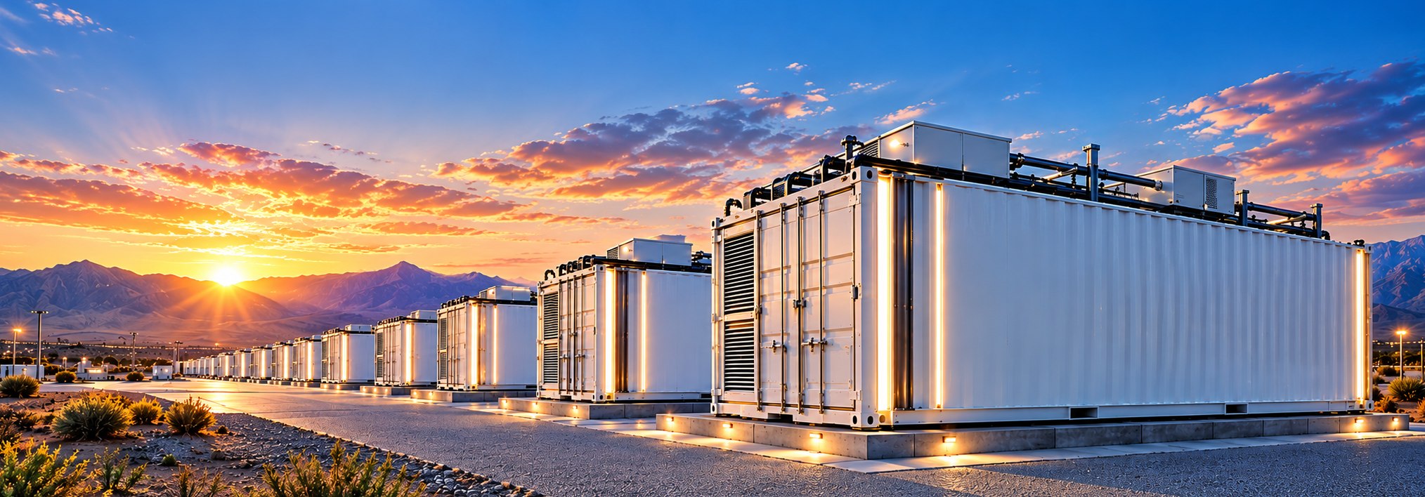 Row of CACTAVO containerized AI data center modules in West Texas at sunset
